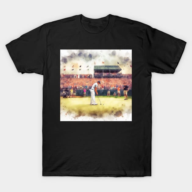 Artistic illustration of golfer putting on the 18th green T-Shirt by WelshDesigns